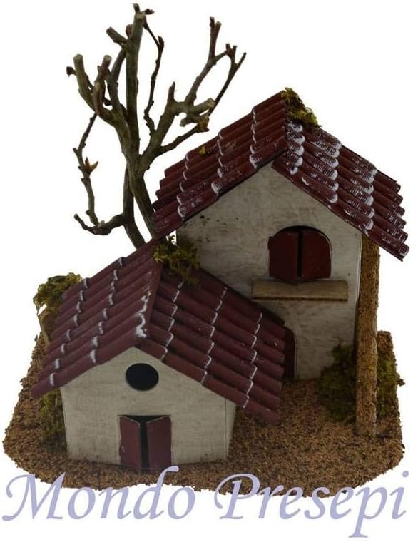 Ferrari & Arrighetti Doppelhaus für Krippe mit Tegole rot, Holz und Karton, Mehrfarbig, Masse: 15 x