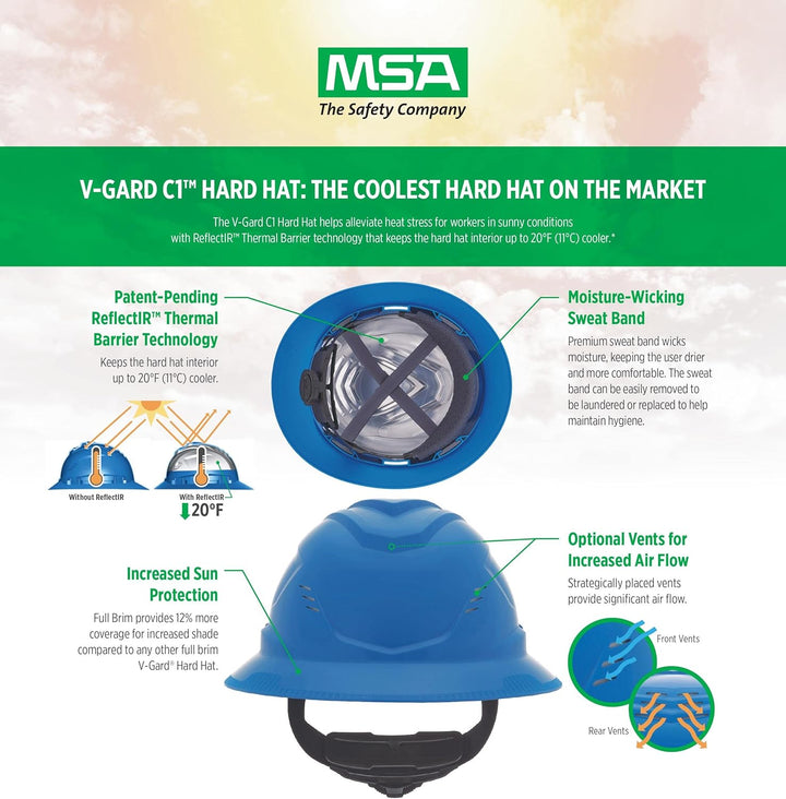 MSA V-Gard C1 Schutzhelm mit voller Krempe und ReflectIR-Kühlung und Fas-Trac III Federung – nutzt h