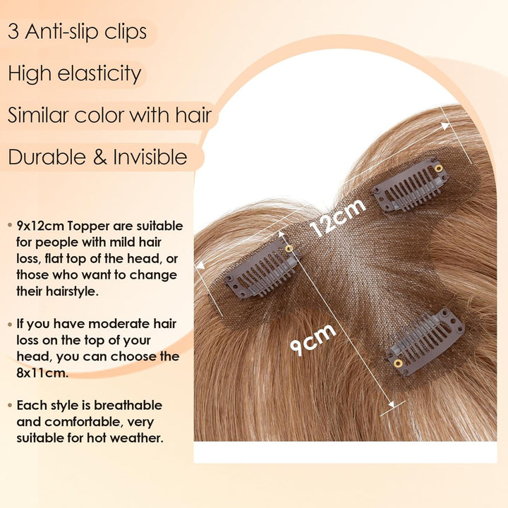 S-noilite Echthaar Toupets für Frauen Hellbraun - 9x12cm T-Sharp Haar Toppers Clip in Haarteile Echt