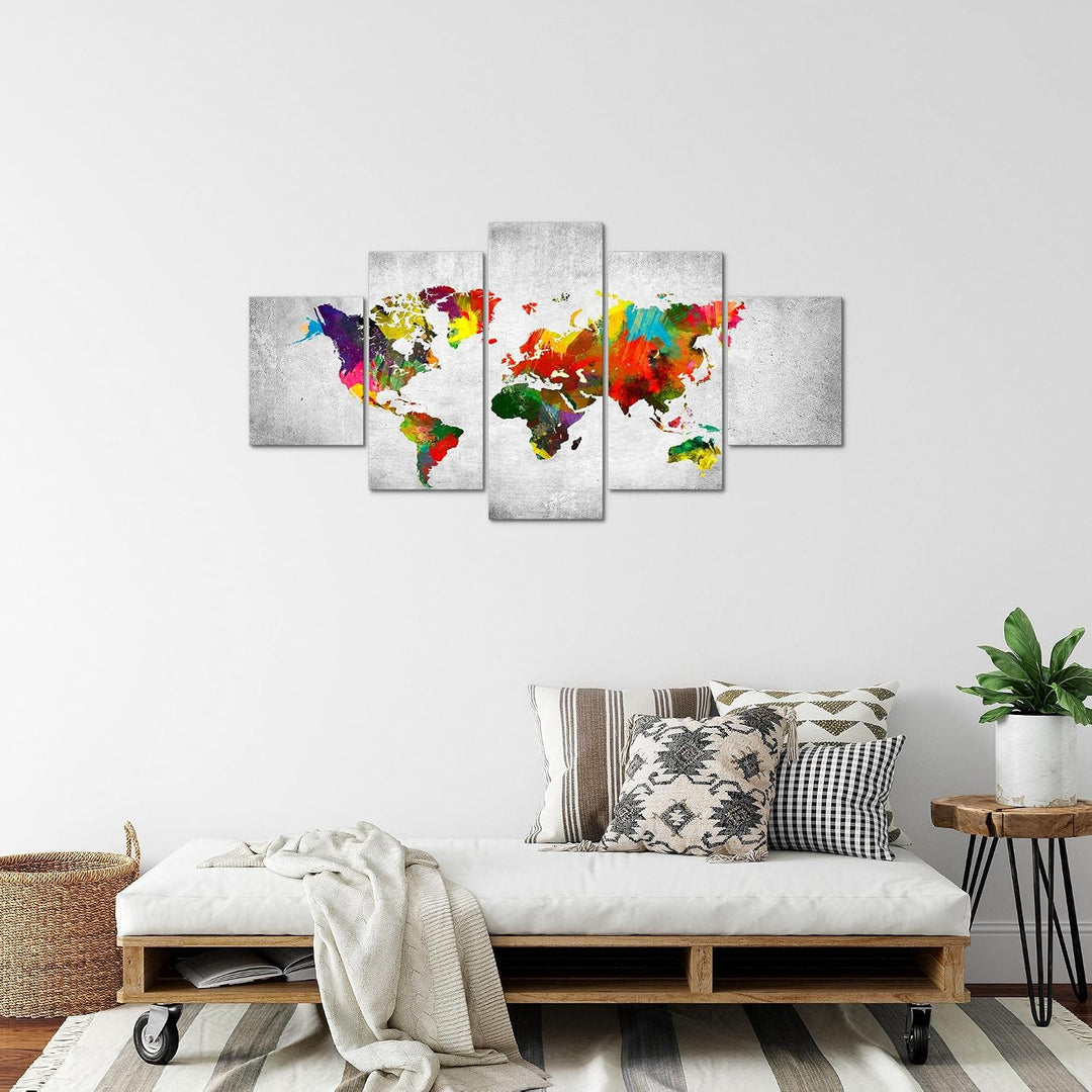 Runa Art Bild Büro Wohnzimmer Weltkarte 5 Teilig Landkarte Beton Bunt Wandbilder auf Vlies Leinwand