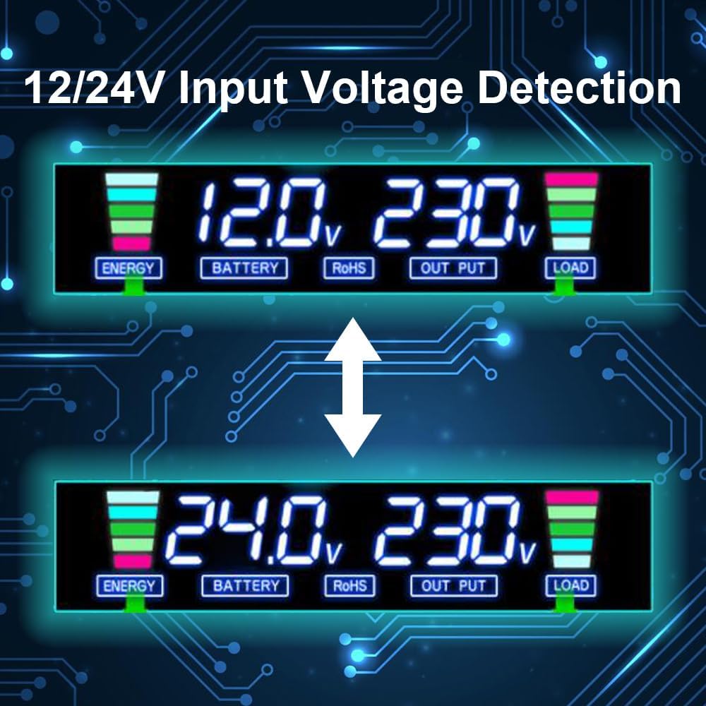 Yinleader 12V/24V auf 230V 2000W Wechselrichter LCD-Display Spannungswandler mit 1 DE Steckdose 2 US