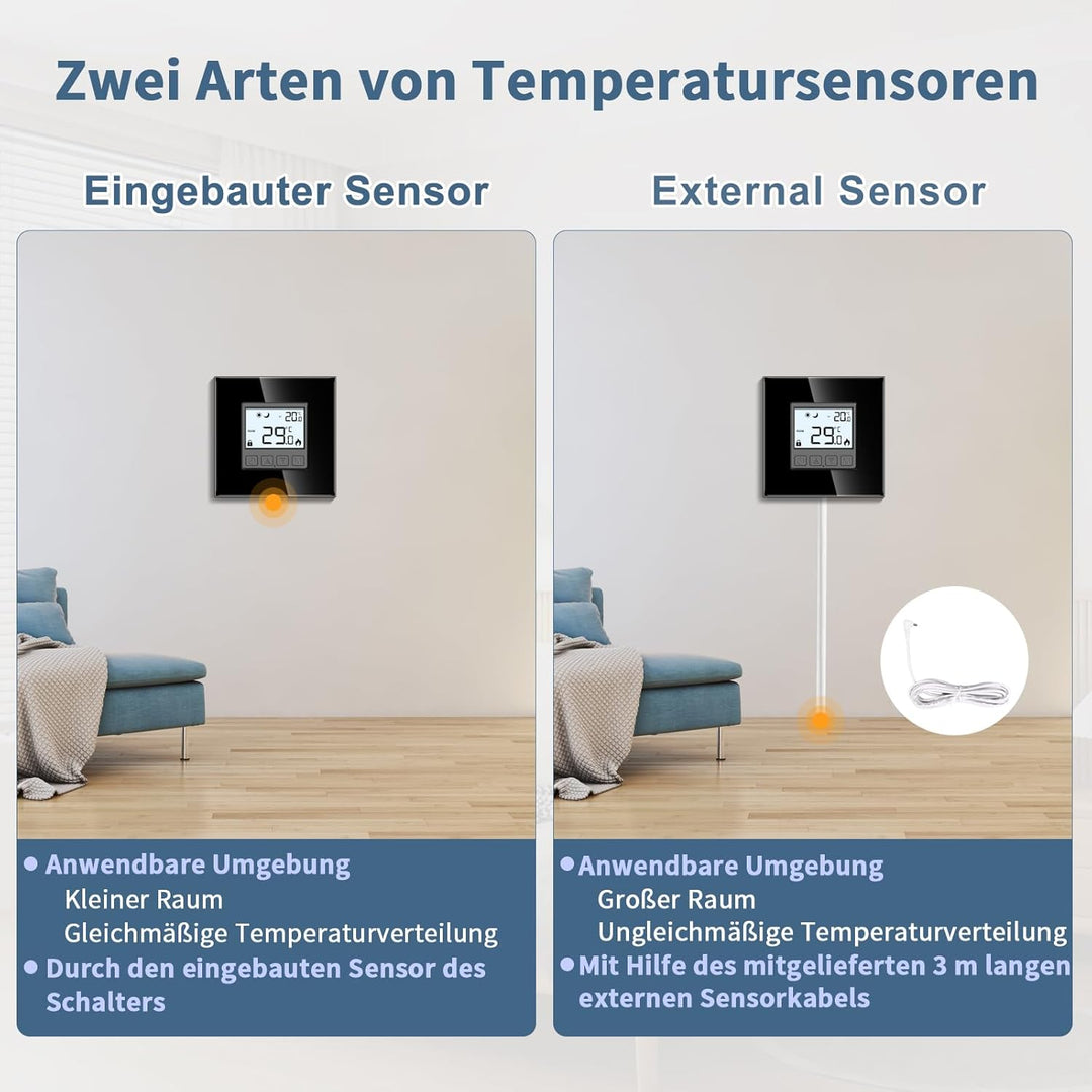 CNBINGO Digitaler Raumthermostat Unterputz mit Fühler, Thermostat für Wasser Fussbodenheizungen und