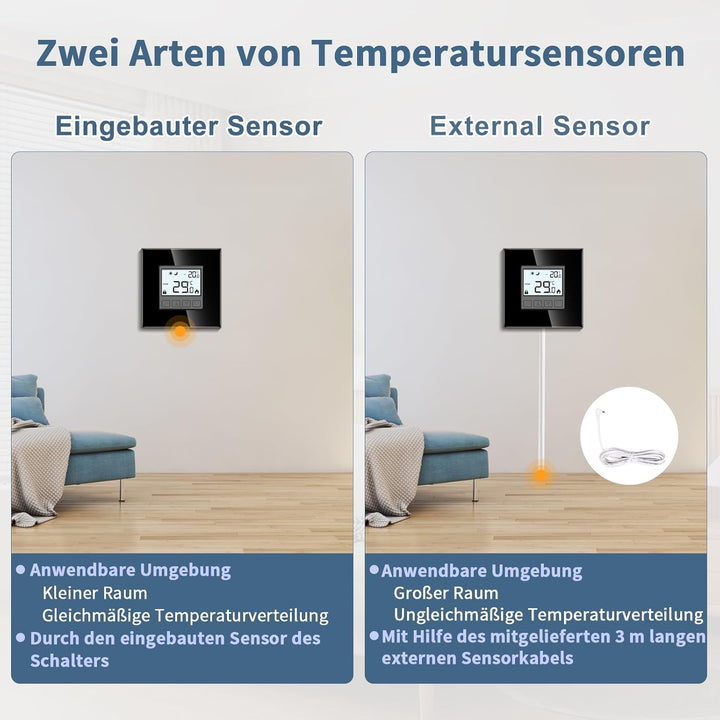 CNBINGO Digitaler Raumthermostat Unterputz mit Fühler, Thermostat für Wasser Fussbodenheizungen und