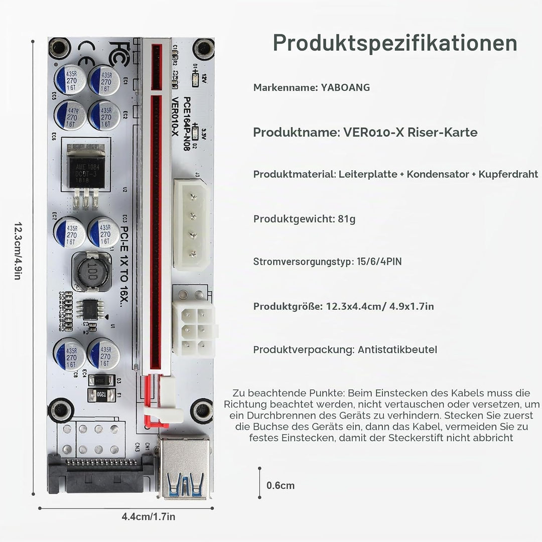 YABOANG PCIE Riser 1 x bis 16 x Grafikerweiterung für Bitcoin GPU Mining Powered Riser-Adapterkarte,