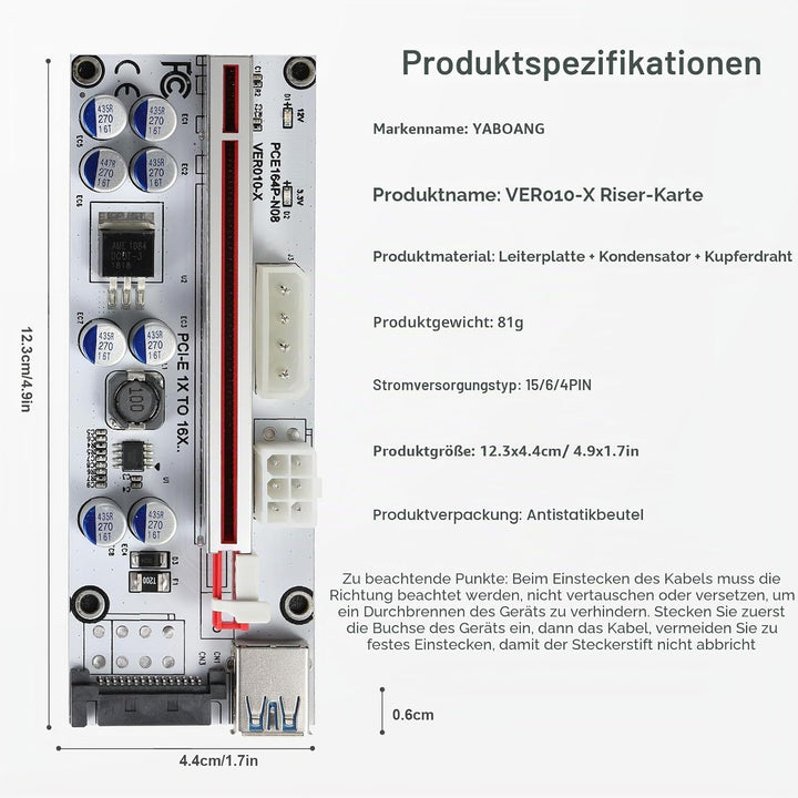 YABOANG PCIE Riser 1 x bis 16 x Grafikerweiterung für Bitcoin GPU Mining Powered Riser-Adapterkarte,