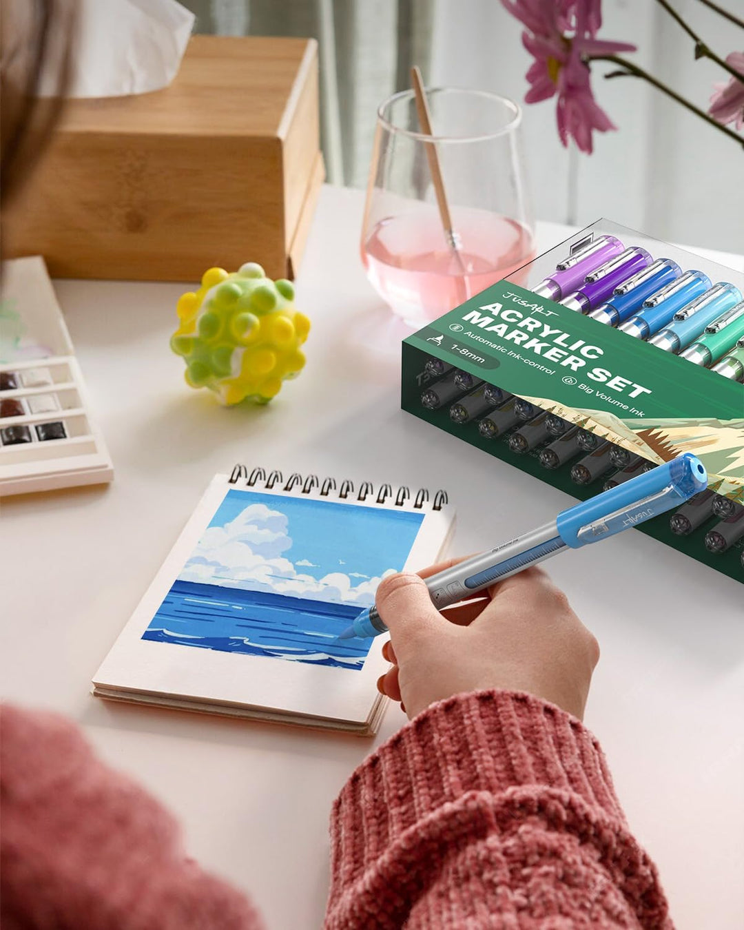 JusArt Acrylstifte 24 Farben set,1–8 mm Wasserfester Acrylmarker Pinsel Tip, für steine bemalen,holz