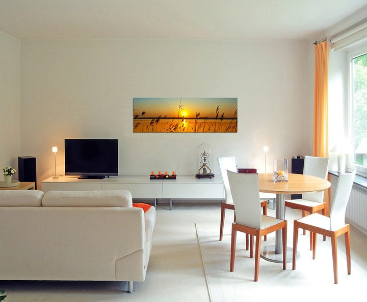 Paul Sinus Art Panoramabild XXL auf Leinwand und Keilrahmen 180x70cm Fluss Gräser Sonnenuntergang Hi