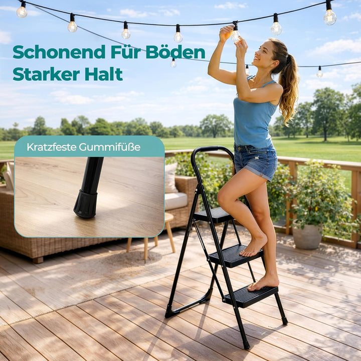 SereneLife Trittleiter 3 Stufen klappbar – Stabiler Tritthocker mit Handlauf, rutschfest, bis 259 kg