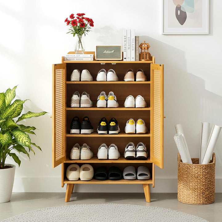 Schuhschrank Holz mit Korbgeflecht-Türen, Moderner Bambus Schuhschrank mit 5 Ebenen, Schuhregal mit