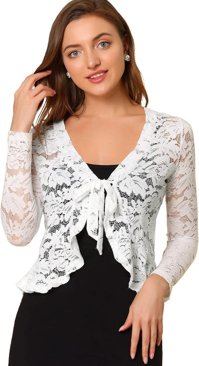 Allegra K Damen Spitzenbolero Langarm Bolero Durchsichtig Rüschensaum Crop Blumen Shrug XS Weiss, XS