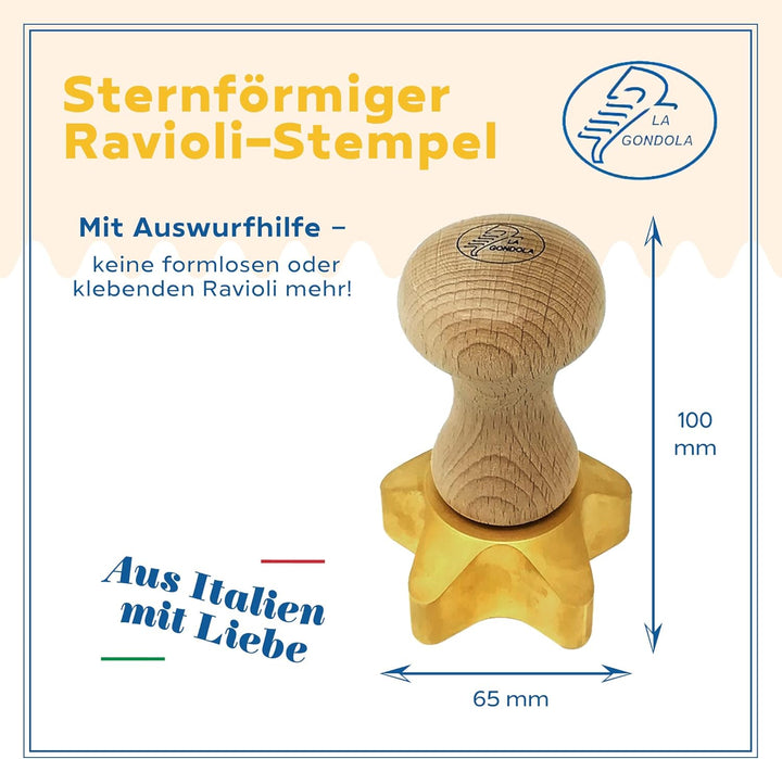 LA GONDOLA Professionelle Ravioli Stempel STELLA (Sternförmchen) aus Messing mit Naturholzgriff -For