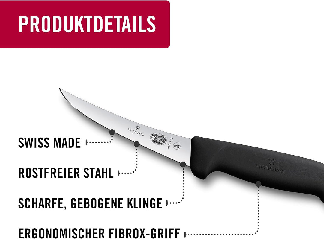 Victorinox Fibrox Ausbeinmesser, Scharfes Küchenmesser für Fleisch und Fisch, 12 cm, Gebogene Klinge