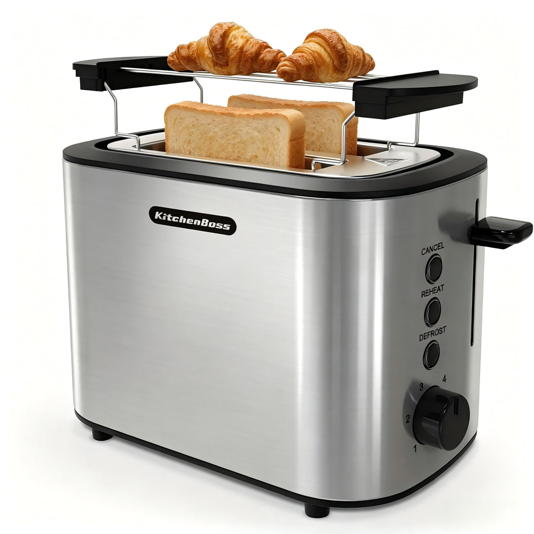 KitchenBoss Edelstahl Toaster 2 Scheiben：Toaster mit 6 Bräunungsstufen | Brötchenaufsatz, Abschaltau