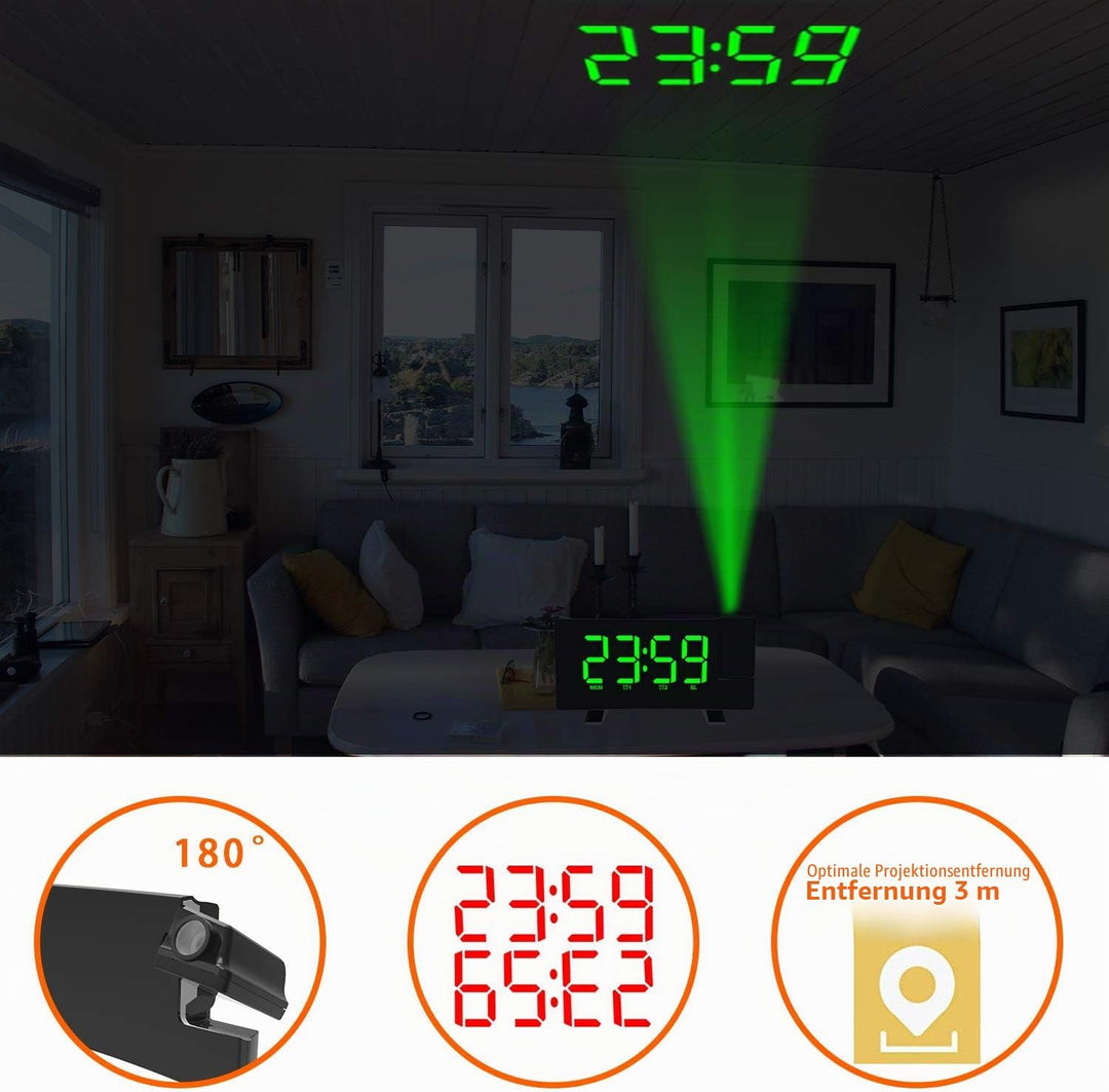 ThreeH Projektionswecker LED-Bildschirm 4 einstellbare Helligkeit Digitale Funkuhr mit USB-Telefon-L