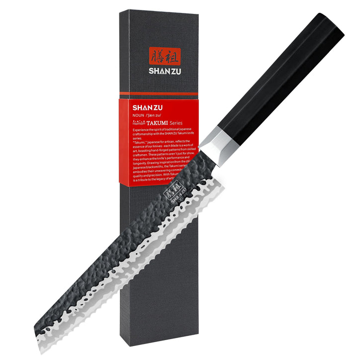 SHAN ZU Brotmesser 20 cm, Japanisches Küchenmesser mit Wellenschliff, 7-Lagen 9Cr18MoV Edelstahl, Ul