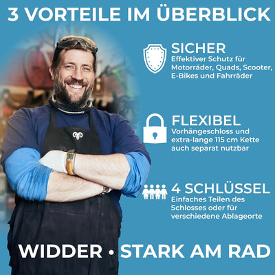 Widder Titan-Stahl [Level 15] Kettenschloss mit 4 Schlüssel - 115cm lang & 11mm massiv - für Motorra