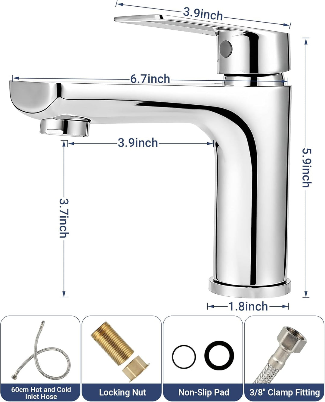 Wasserhahn Bad Edelstahl - Einhebelmischer Waschbecken - Bad Wasserhahn mit 60 mm Anschlussschlauch,