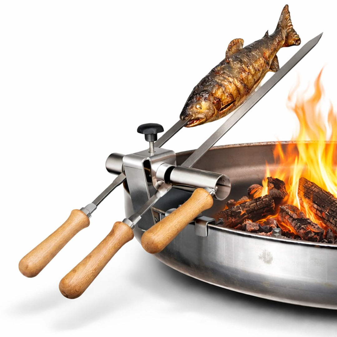 Premium Steckerlfisch Halter für Feuerschale - Platz für 2 Fische - Fisch Grill Aufsatz passt auf je