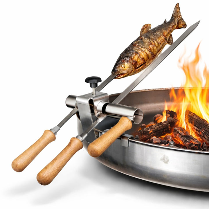 Premium Steckerlfisch Halter für Feuerschale - Platz für 2 Fische - Fisch Grill Aufsatz passt auf je