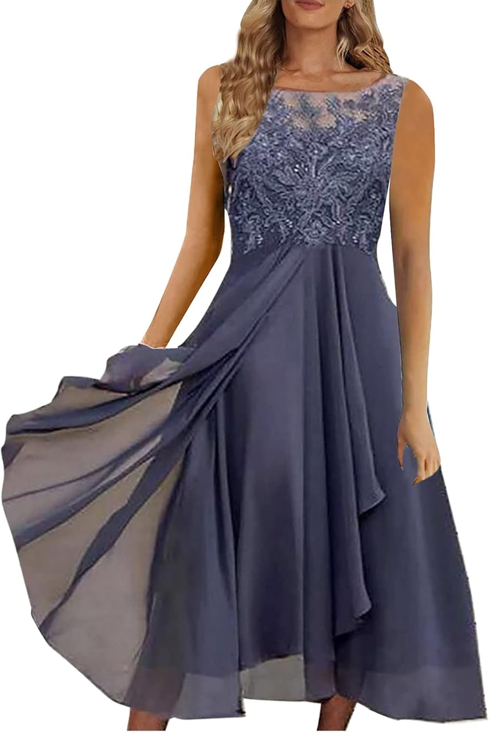 Sommerkleid Damen, Abendkleid Damen Lang Ärmellos Rundhals Chiffon Cocktailkleid Elegant Hochzeit Mi