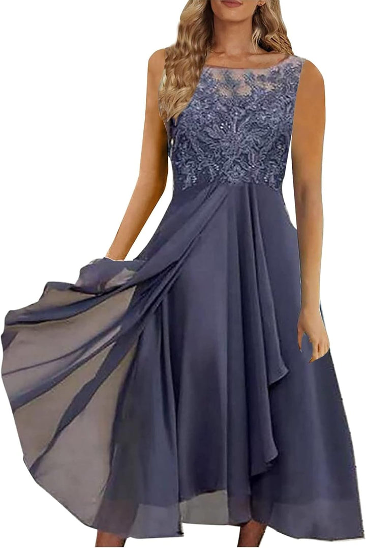Sommerkleid Damen, Abendkleid Damen Lang Ärmellos Rundhals Chiffon Cocktailkleid Elegant Hochzeit Mi