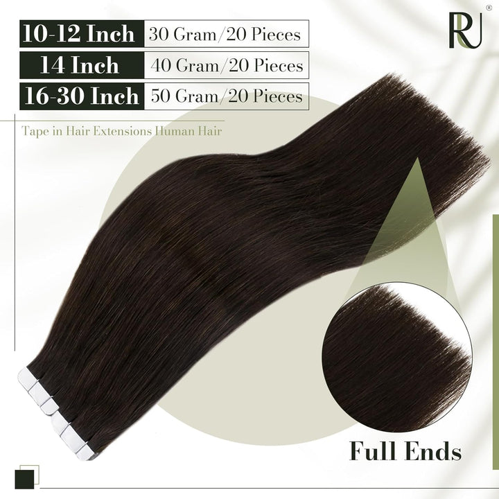 RUNATURE Tape in Extensions Echthaar Dunkelbraun Tape Echthaar Extensions 30cm Naturliches Tape in H