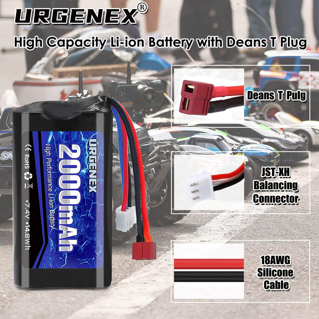 URGENEX 7.4 V Li-ion Battery 2000 mAh 2S Battery with Deans T Plug for RC Cars Boats Trucks with 1 t
