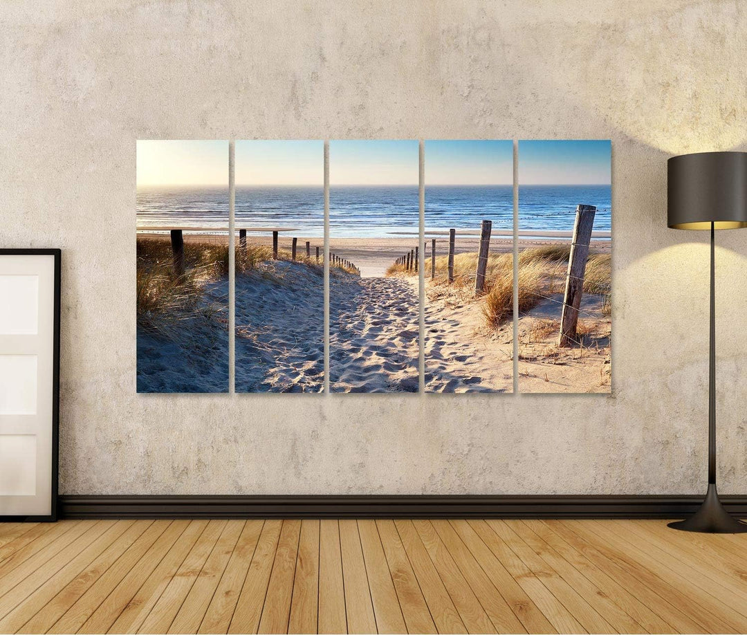 Bild Bilder auf Leinwand Weg zum Nordseestrand im Goldsonnenuntergang-Sonnenschein Nord-Holland die