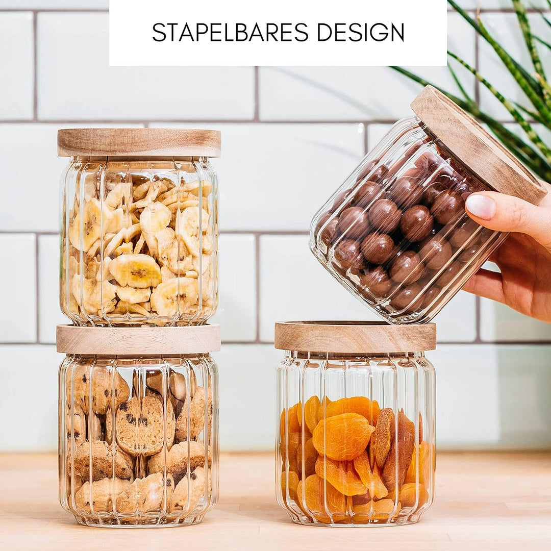 Econovo® geriffelte Vorratsgläser mit Deckel (500ml | 4-tlg.), stapelbar und luftdicht, Aufbewahrung