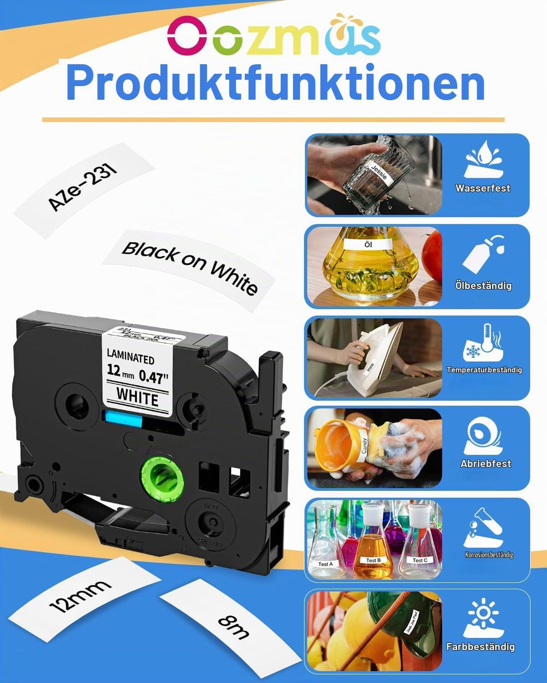 Oozmas TZ Tape 12mm 0.47 White kompatible mit Brother Ptouch Schriftband TZe-231 AZe-231, Laminated