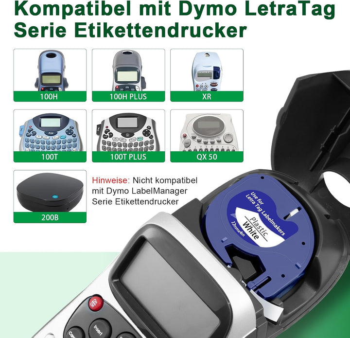 Kompatibel mit Dymo Letratag Etikettenband 12 mm x 4m, Kompatibel mit Dymo Etikettenband White Kunst