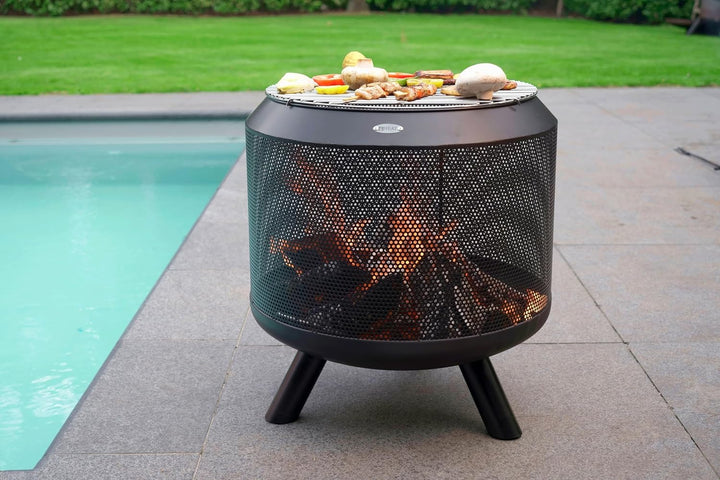 Feuertrommel mit Grill - Feuerkorb mit Grill – Feuerstelle mit Beinen für den Garten, inkl. Grillros
