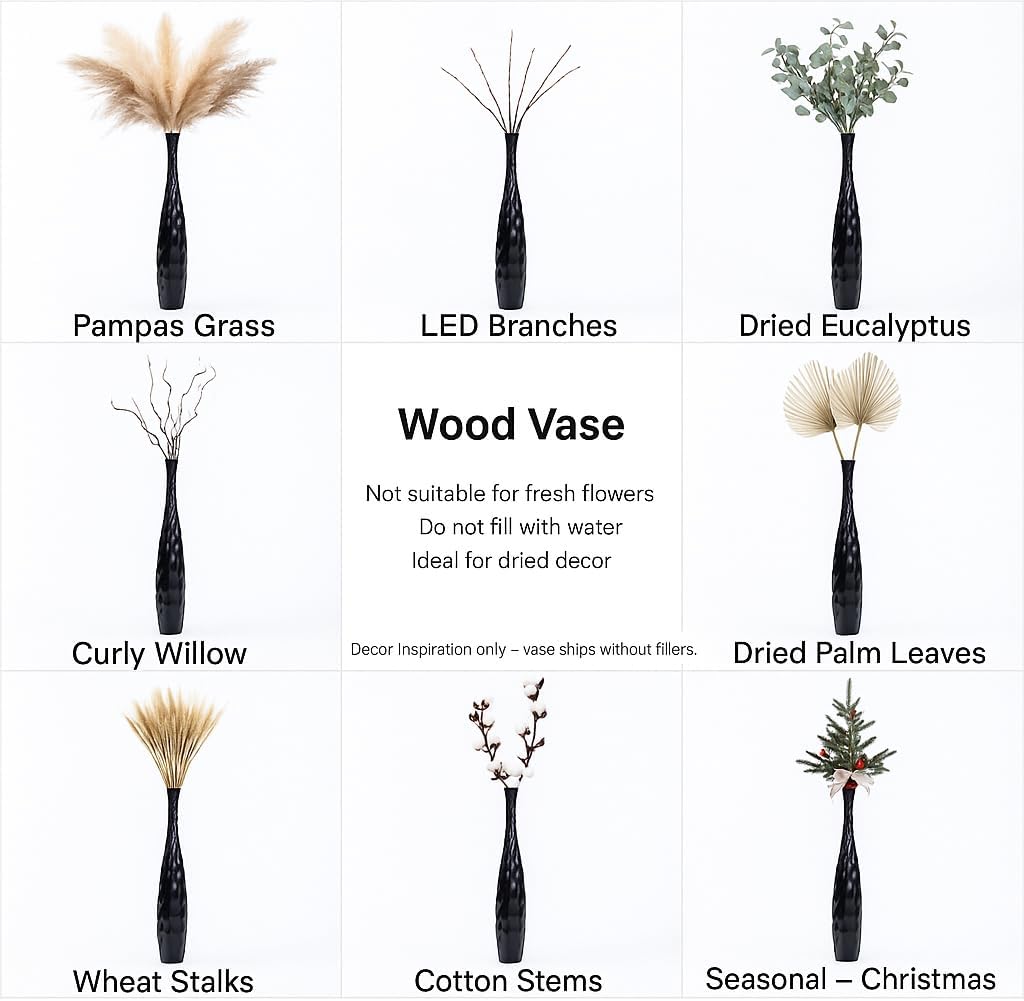 Leewadee Grosse Bodenvase für Dekozweige hohe Standvase Design Holzvase, Holz, 90 cm, Schwarz 90 cm