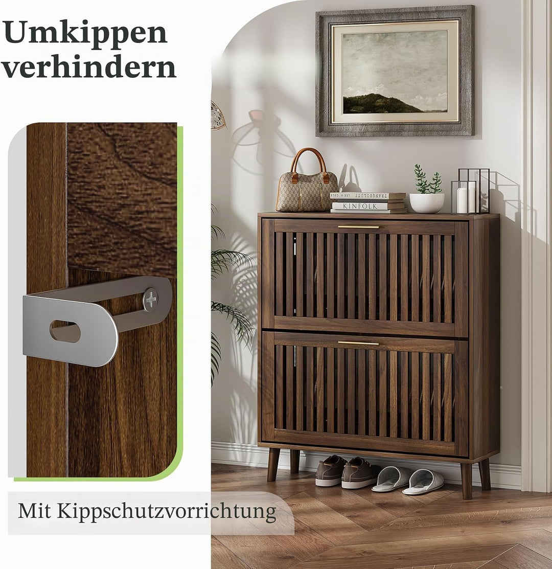 Schuhschrank, Schuhaufbewahrungsschrank mit 2 Klappschubladen mit Lamellen, schmaler Schuhschrank fü