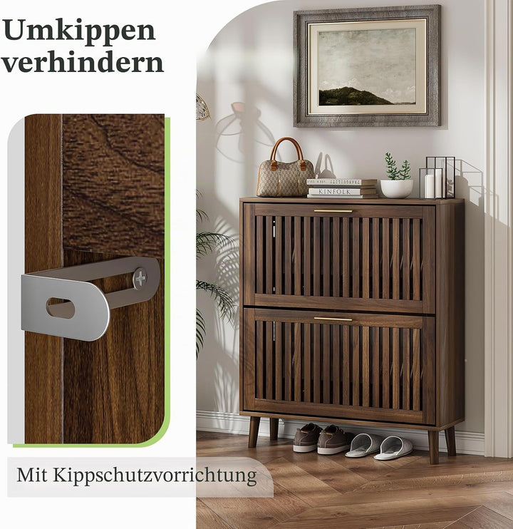 Schuhschrank, Schuhaufbewahrungsschrank mit 2 Klappschubladen mit Lamellen, schmaler Schuhschrank fü