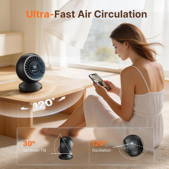 Tischventilator Sehr Leise 22dB, 3D Turbo Umluftventilator, Ventilator Leise mit 12000mAh Akku, LED