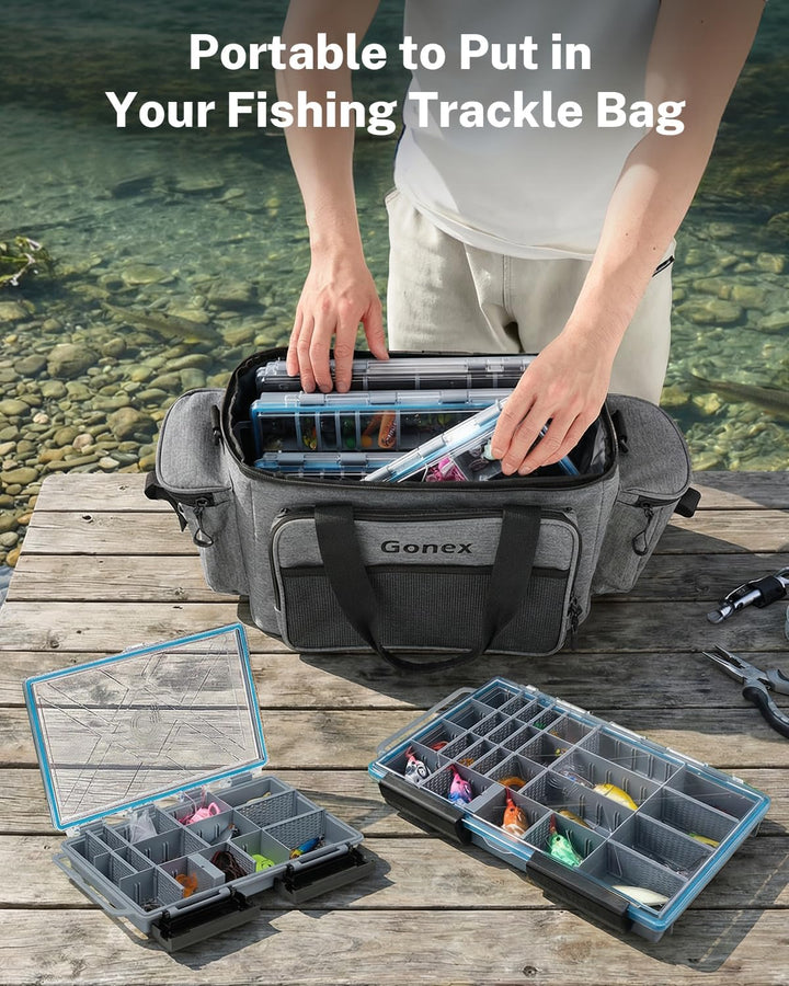 Gonex Köderboxen Angeln 2er-Pack, Wasserdichte Angelboxen mit Verstellbaren Fächern, Transparente Tr