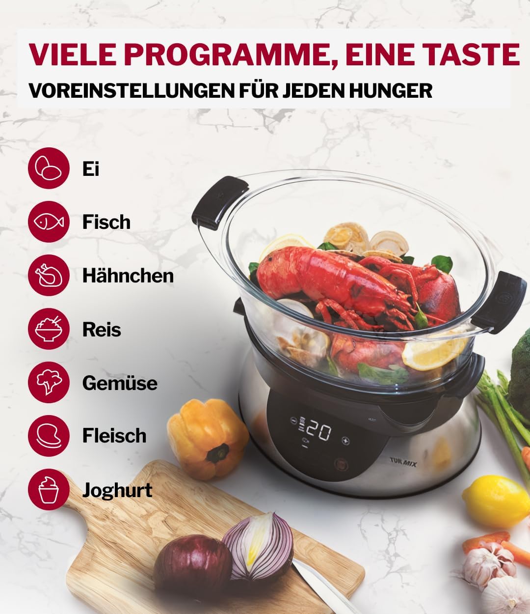 Turmix Steamer CX 220 – Dampfgarer topf 5,2 L mit Glasbehältern & Digitaldisplay, Touch-Bedienung, W