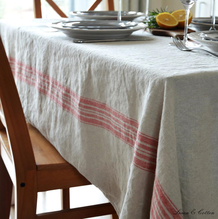 Linen &amp; Cotton Luxus Vintage Shabby Chic Rustikal Tischdecke Provence - 100% Leinen, Beige Natur Rot