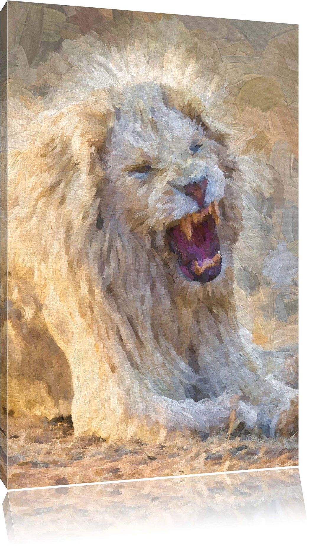 brüllender weisser Löwe Deluxe Format: 100x70 cm auf Leinwand, XXL riesige Bilder fertig gerahmt mit