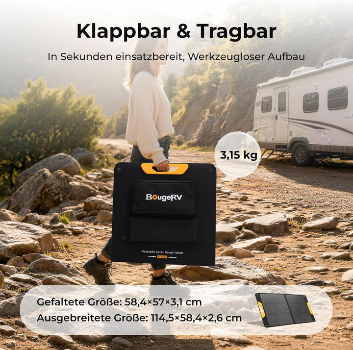 BougeRV 100W Solarpanel Faltbar, 25% Effizienz N-Typ Tragbares Solarpanel für 173Wh/277Wh Akku, Fibe