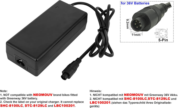 PowerSmart® 36V-42V 2A SVD 5-Pin Ladegerät für Fischer Frame Battery for Crussis 2018