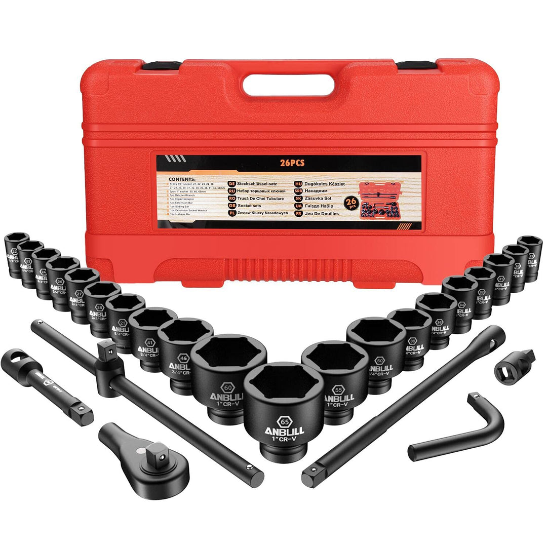 Anbull 3/4" and 1" Schlagschrauber Nuss Set, 26 Pcs Impact Socket Set Steckschlüsselsatz Satz, Metri
