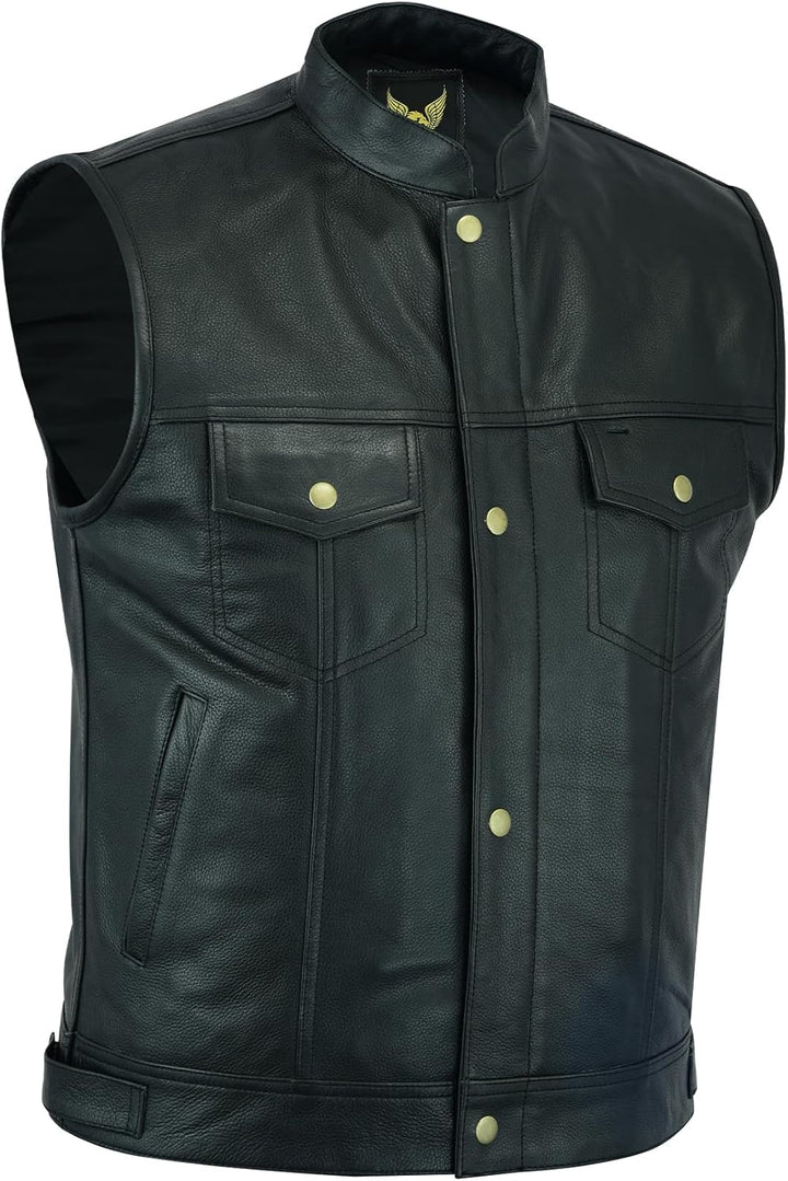 Leatherick Herren Biker Weste aus echtem Leder mit offenen Knöpfen für Reiten und modische Weste (M