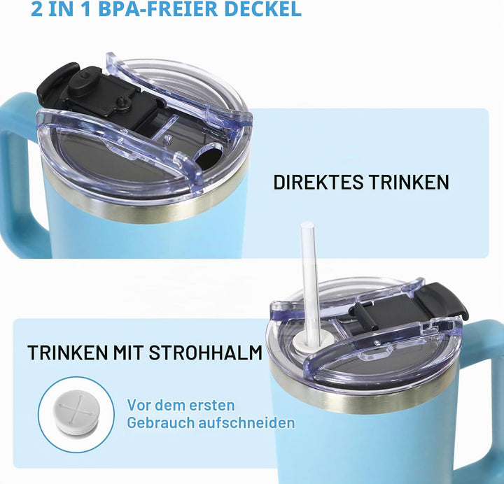 Thermobecher mit 2-in-1-Deckel 1180ML, Kaffeebecher to go Thermo, Trinkbecher mit Deckel und Strohha