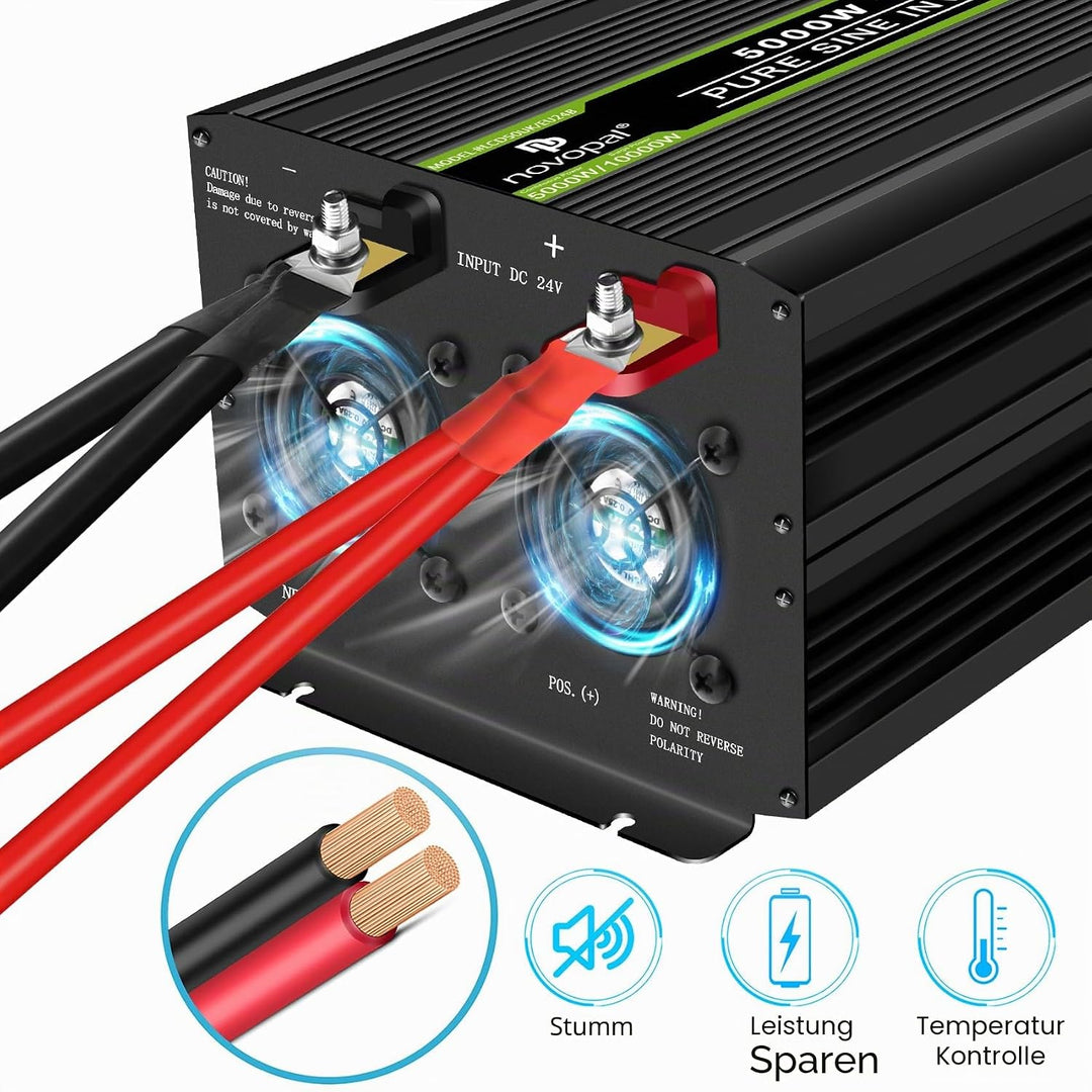 NOVOPAL 5000W KFZ Reiner Sinus Wechselrichter Spannungswandler 24V 230V mit LCD Display und 2 EU Ste