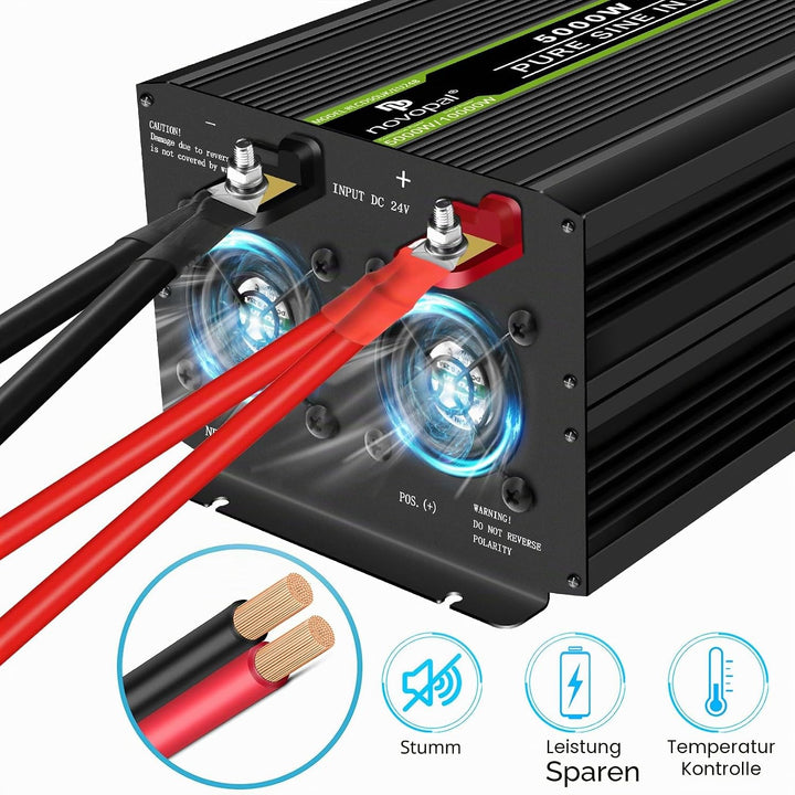 NOVOPAL 5000W KFZ Reiner Sinus Wechselrichter Spannungswandler 24V 230V mit LCD Display und 2 EU Ste