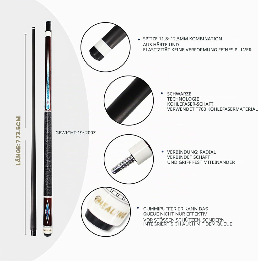 OKHEALING Billardqueue Carbon T700 Kohlefaser, 12,4 mm, mehrschichtige Schweinslederspitze, XTC-Hüls