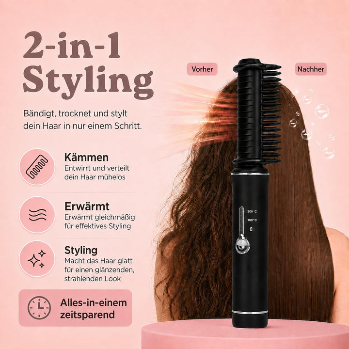 Mini Haarglätter Kabellos | Reiseglätteisen | Stylingbürste mit Keramikbeschichtung | 2 Wärmestufen