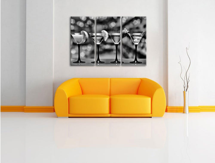 Pixxprint Monocrome, Vier Verschiedene exotische Martinis 3-Teiler Leinwandbild 120x80 Bild auf Lein